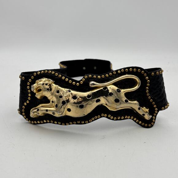 Vintage Leopard Buckle Studded Embossed Leather Belt 30\